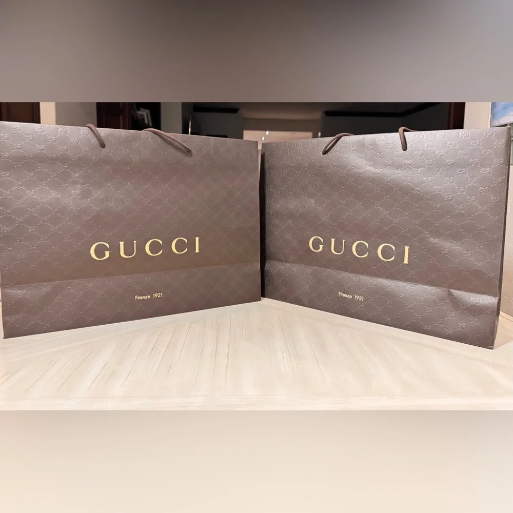 Authentic Gucci Large Brown Shopping Bags Set of 2 Gift Bags 14” x 19” Mint